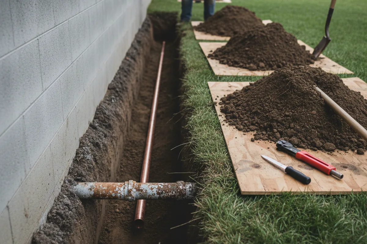 Excavated water line trench during Sewer Line Repair in Berthoud